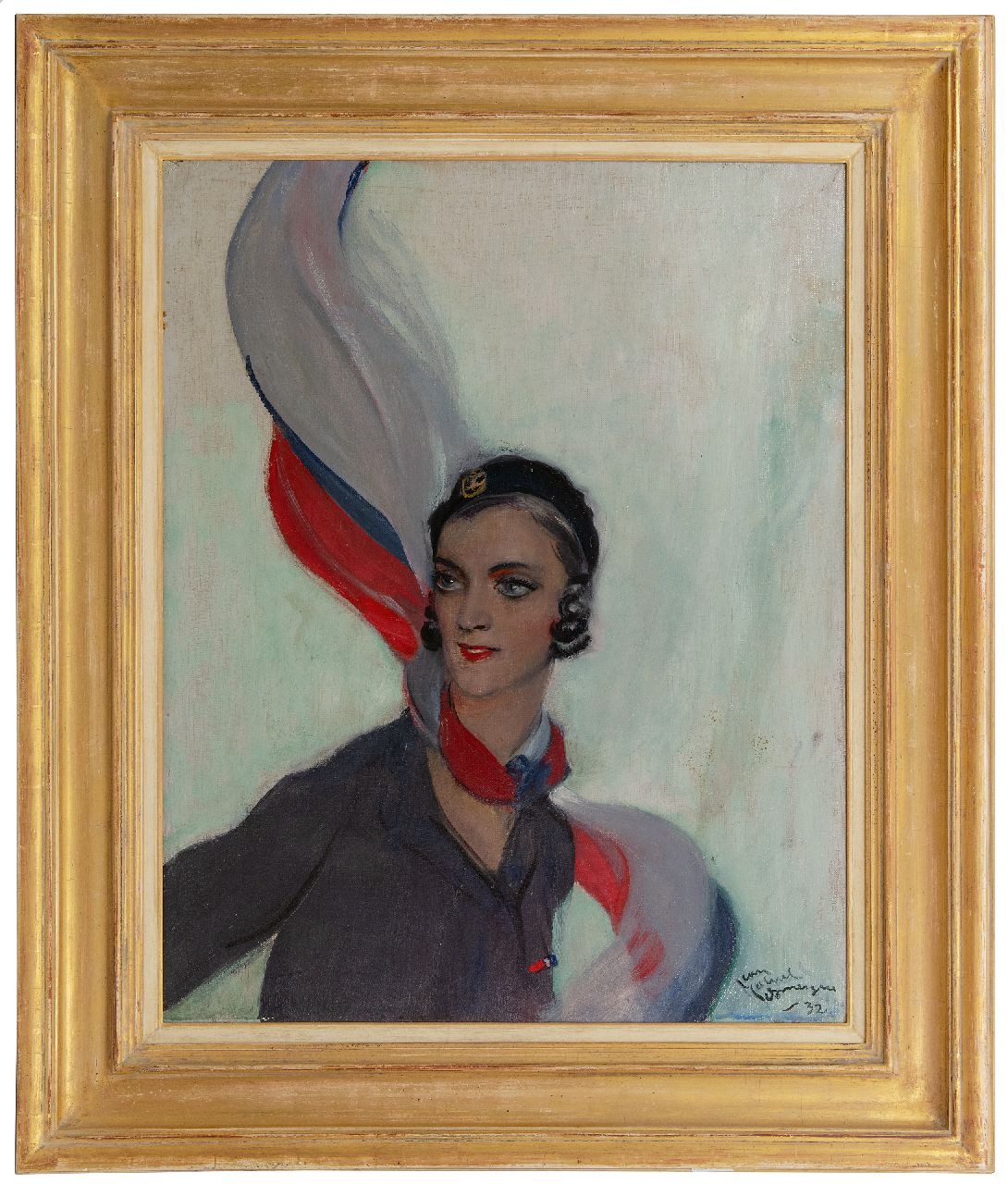 Domergue J.G.  | Jean-Gabriel Domergue | Gemälde zum Verkauf angeboten | Junge Frau mit farbigem Schal, Öl auf Leinwand 82,5 x 65,0 cm, Unterzeichnet r.u. und datiert '32