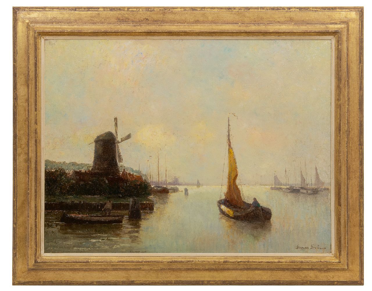 Grobe P.G.  | Philipp 'German' Grobe | Gemälde zum Verkauf angeboten | Mühle am Rande der Stadt mit Hafen und Segelboot, Öl auf Leinwand 60,0 x 80,5 cm, Unterzeichnet r.u.