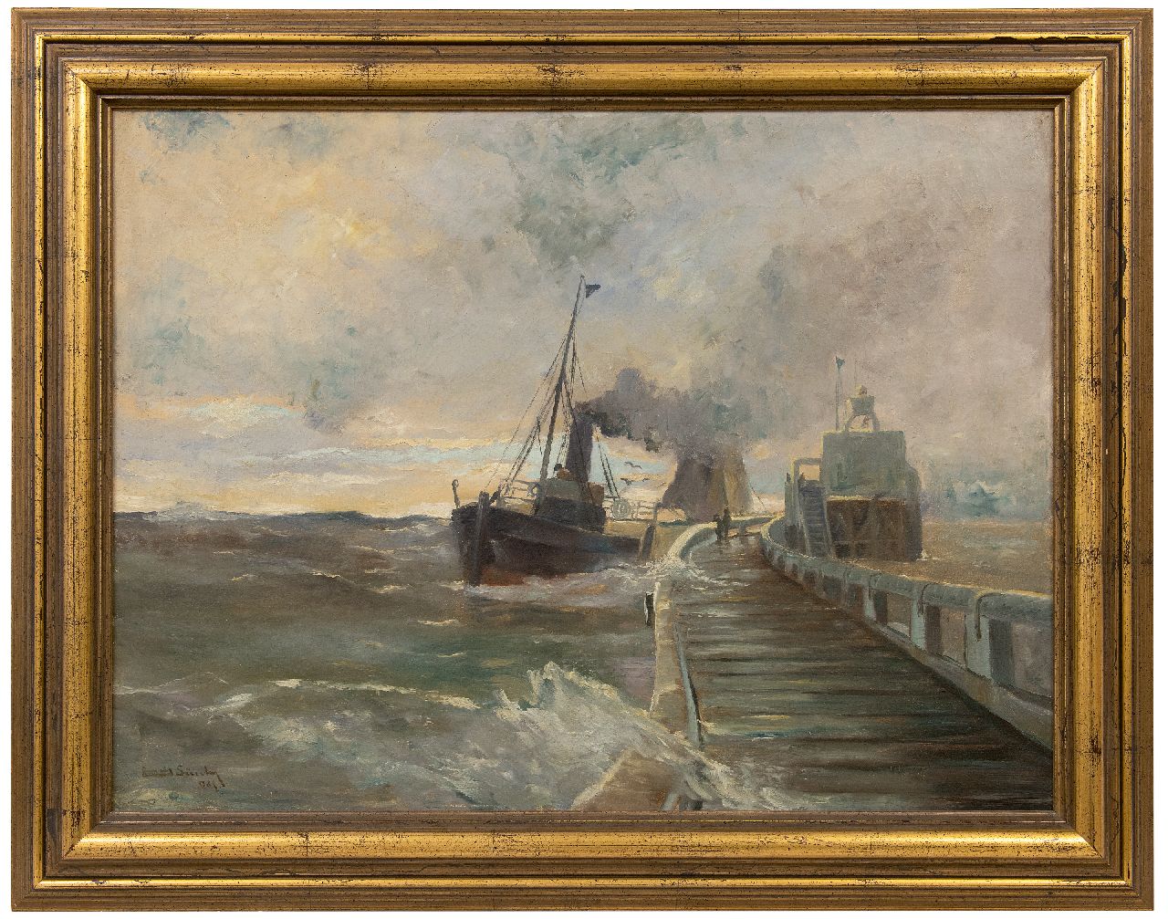 Günther E.C.W.  | 'Erwin' Carl Wilhelm Günther | Gemälde zum Verkauf angeboten | Dampfschiff auf einem Steg bei rauem Wetter, Öl auf Leinwand 60,5 x 80,4 cm, Unterzeichnet u.l.