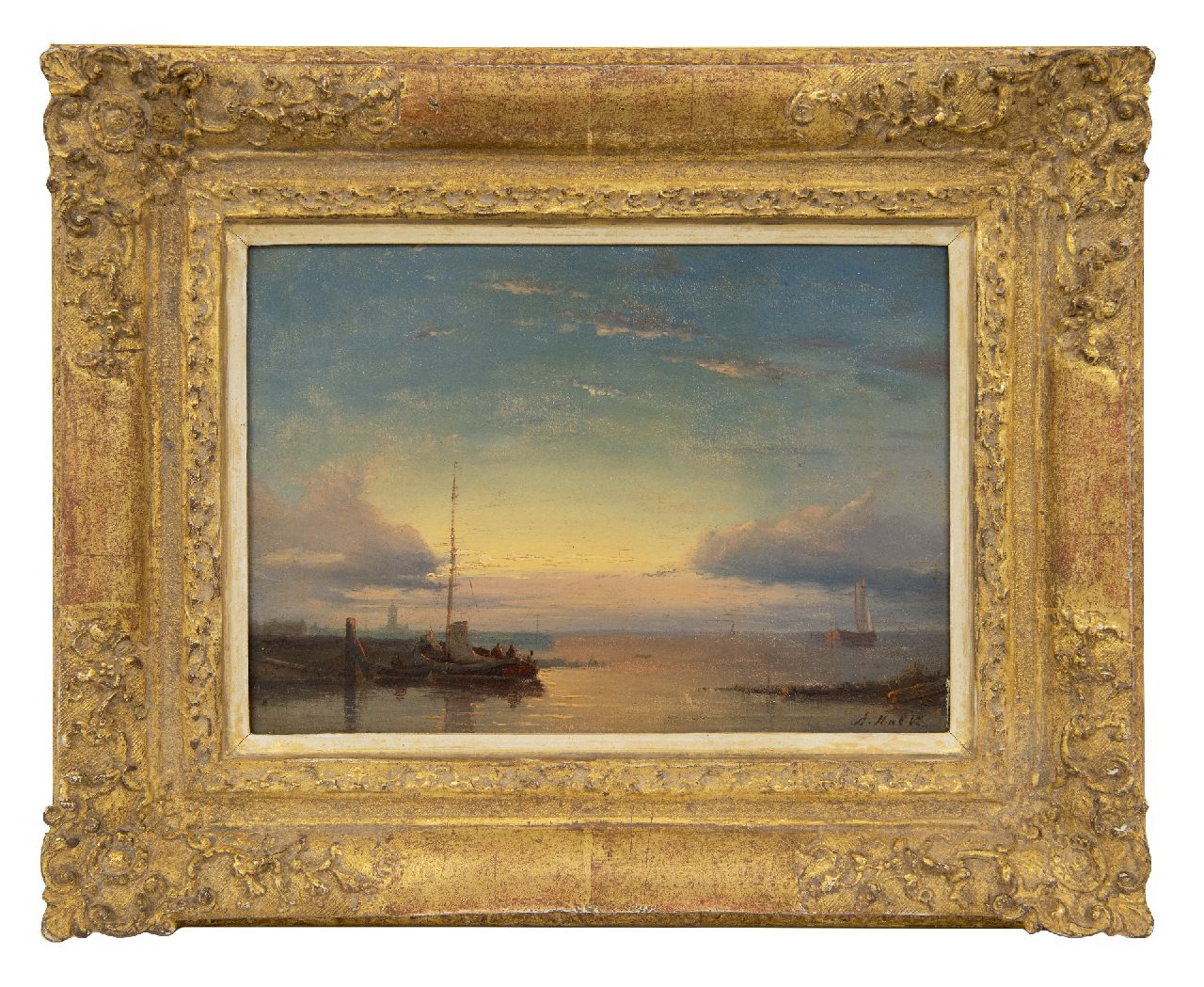 Hulk A.  | Abraham Hulk | Gemälde zum Verkauf angeboten | Schiffe auf ruhiger See bei Sonnenuntergang, Öl auf Holz 16,0 x 23,3 cm, Unterzeichnet r.u. und ohne Rahmen