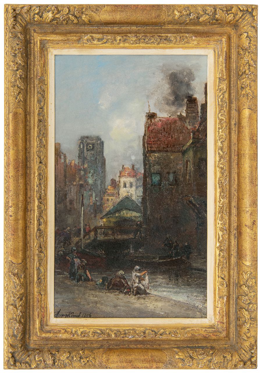 Jongkind J.B.  | Johan Barthold Jongkind | Gemälde zum Verkauf angeboten | Blick auf den Weezenbrug und Vlasmarkt, Rotterdam, Öl auf Holz 37,5 x 22,3 cm, Unterzeichnet l.u. und datiert 1856