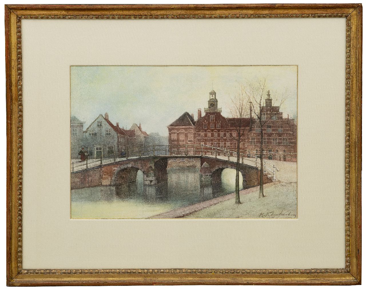 Klinkenberg J.C.K.  | Johannes Christiaan Karel Klinkenberg | Aquarelle und Zeichnungen zum Verkauf angeboten | Niederländischer Kanal mit Brücke am Oude Vrouwenhuis Den Haag (Das alte Frauenhaus), Aquarell auf Papier 29,1 x 41,7 cm, Unterzeichnet u.r.