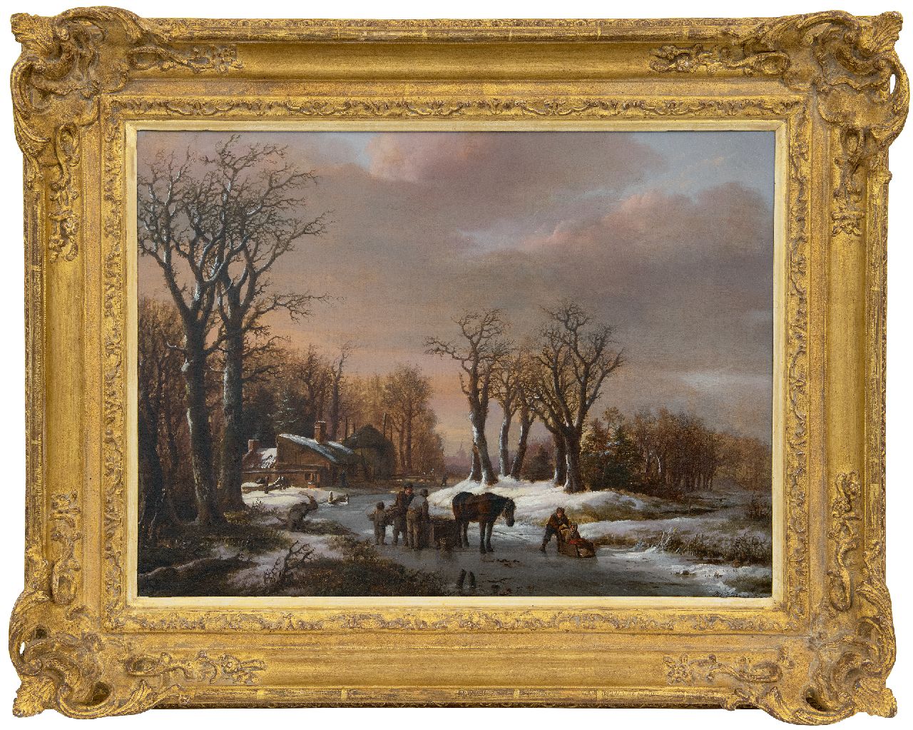 Koekkoek B.C.  | Barend Cornelis Koekkoek | Gemälde zum Verkauf angeboten | Winterlandschaft mit Pferdeschlitten auf dem Eis, Öl auf Leinwand 44,0 x 58,0 cm, Unterzeichnet u.r. und datiert 1824