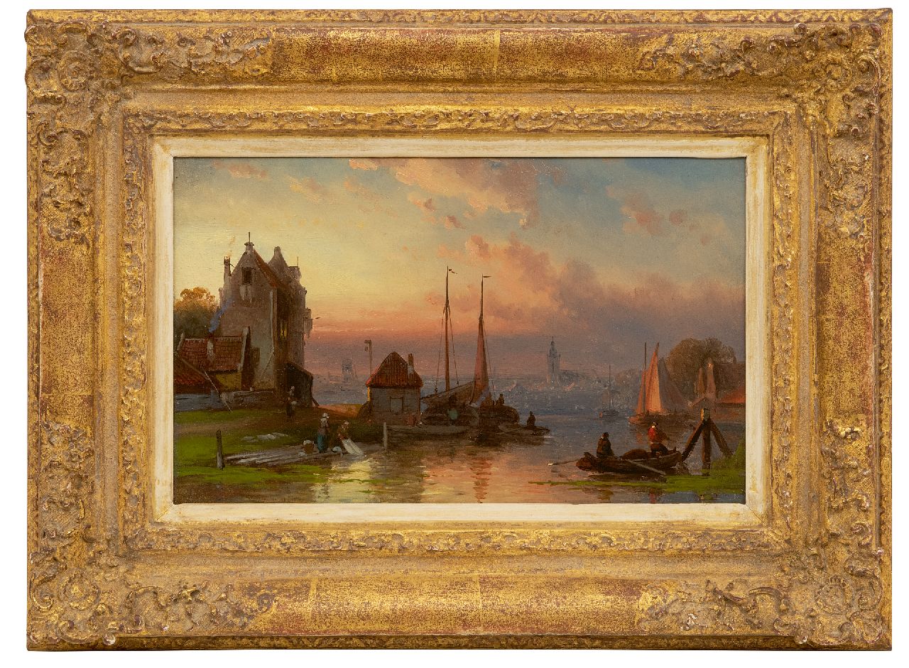 Leickert C.H.J.  | 'Charles' Henri Joseph Leickert | Gemälde zum Verkauf angeboten | Schiffe auf einem Fluss bei Sonnenuntergang, Öl auf Holz 16,3 x 26,3 cm, Unterzeichnet l.u.