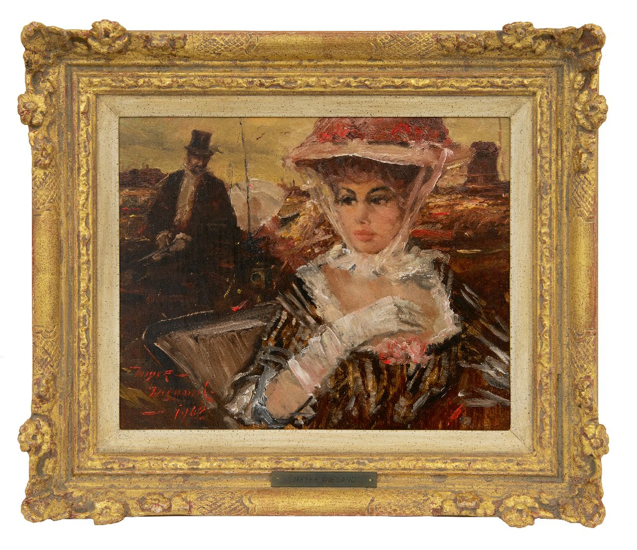 Meyer-Wiegand R.D.  | Rolf Dieter Meyer-Wiegand | Gemälde zum Verkauf angeboten | Elegante Dame in der Kutsche, Öl auf Holz 24,0 x 30,0 cm, Unterzeichnet u.l. und datiert 1962