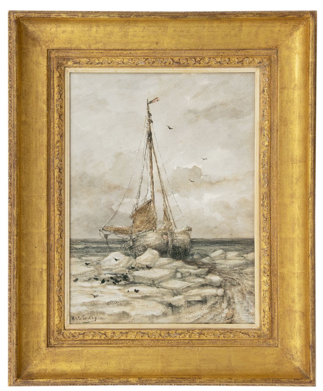 Mesdag H.W.  | Hendrik Willem Mesdag, Bombenboot zwischen den Eisschollen am Strand, Aquarell auf Papier 53,0 x 39,7 cm, Unterzeichnet l.u. und zu datieren um 1891