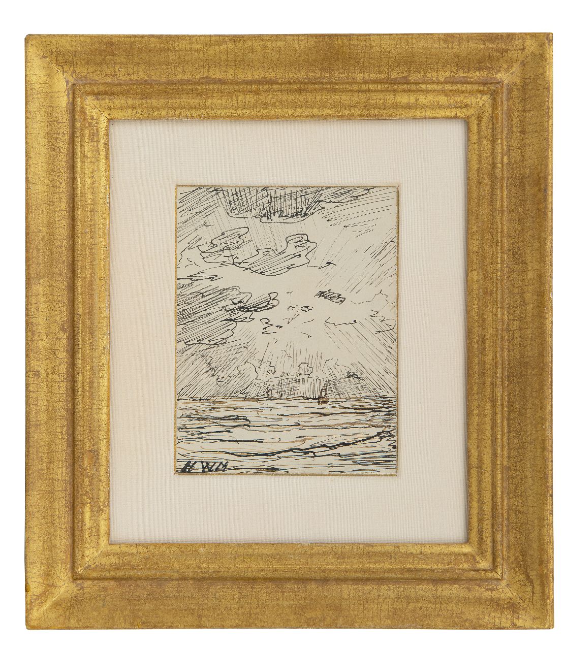 Mesdag H.W.  | Hendrik Willem Mesdag, Bombenkahn auf hoher See bei Sonnenuntergang, Feder und Ausziehtusche auf Papier 12,0 x 9,5 cm, Unterzeichnet l.u. mit Initialen