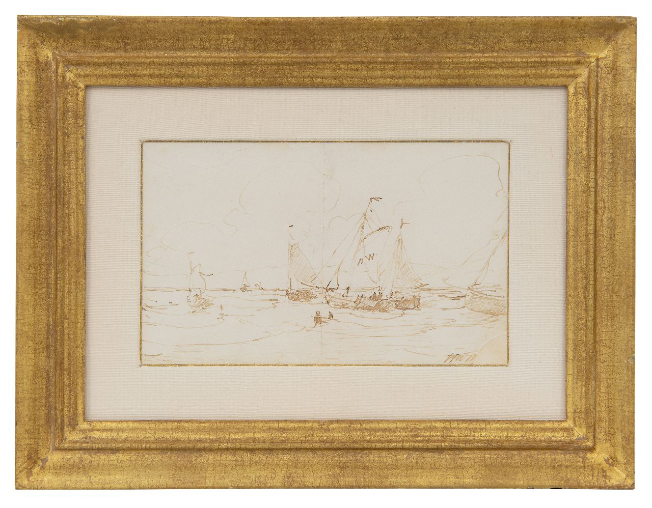 Mesdag H.W.  | Hendrik Willem Mesdag, Lineader und Fischerboote in der Brandung, Feder und Tinte auf Papier 11,5 x 18,0 cm, Unterzeichnet l.u. mit Initialen