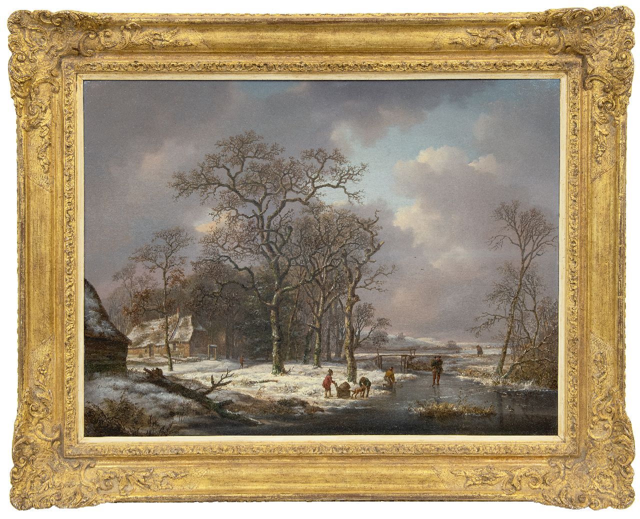Schelfhout A.  | Andreas Schelfhout | Gemälde zum Verkauf angeboten | Schneelandschaft mit Figuren auf einem gefrorenen Fluss, Öl auf Holz 53,2 x 71,0 cm, Unterzeichnet M.u. und zu datieren um 1815-1820