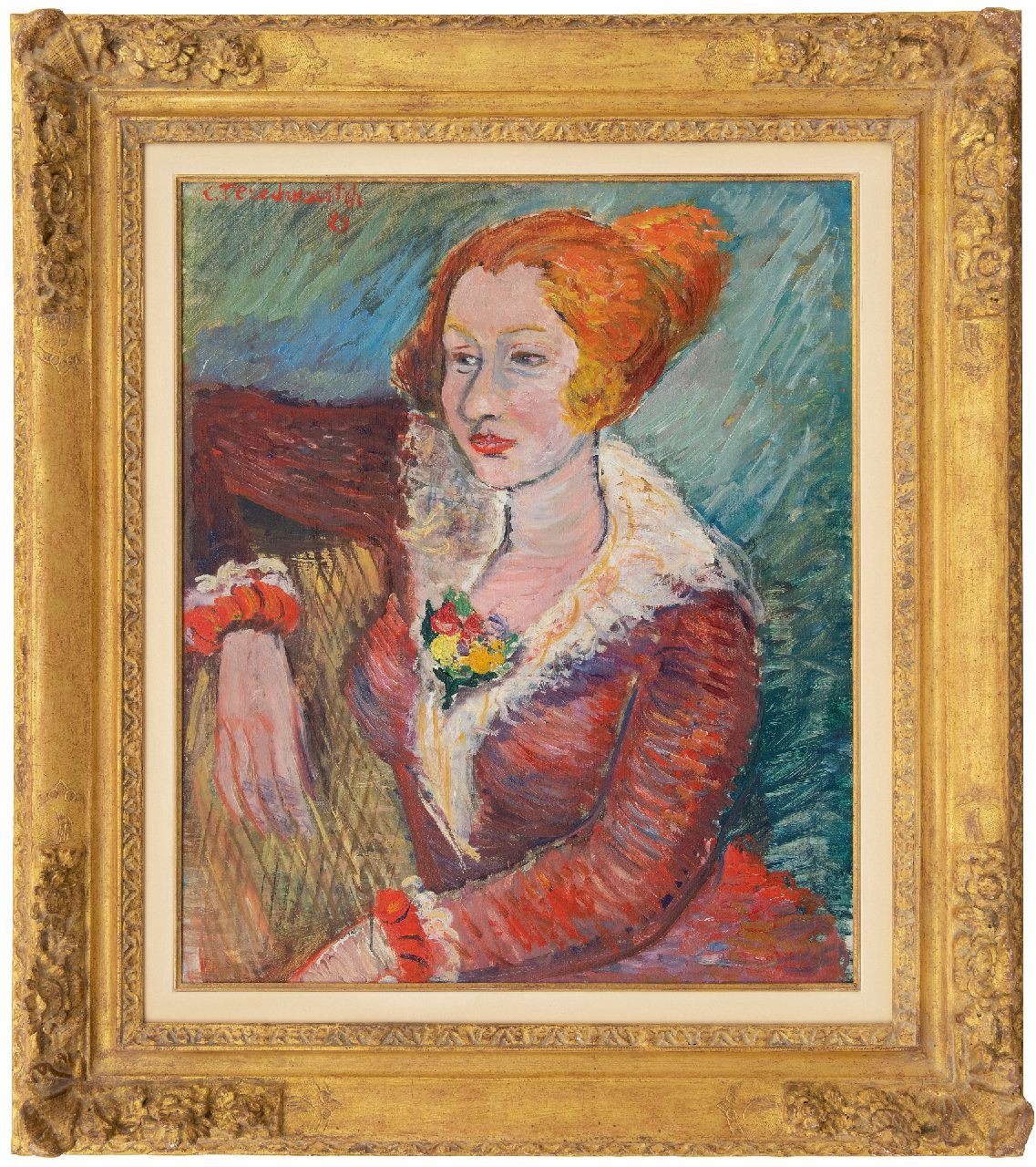 Terechkovitch K.A.  | 'Kostia' Andreevich Terechkovitch | Gemälde zum Verkauf angeboten | Junge Frau im roten Kleid, Öl auf Leinwand 60,5 x 50,2 cm, Unterzeichnet o.l. und datiert '29