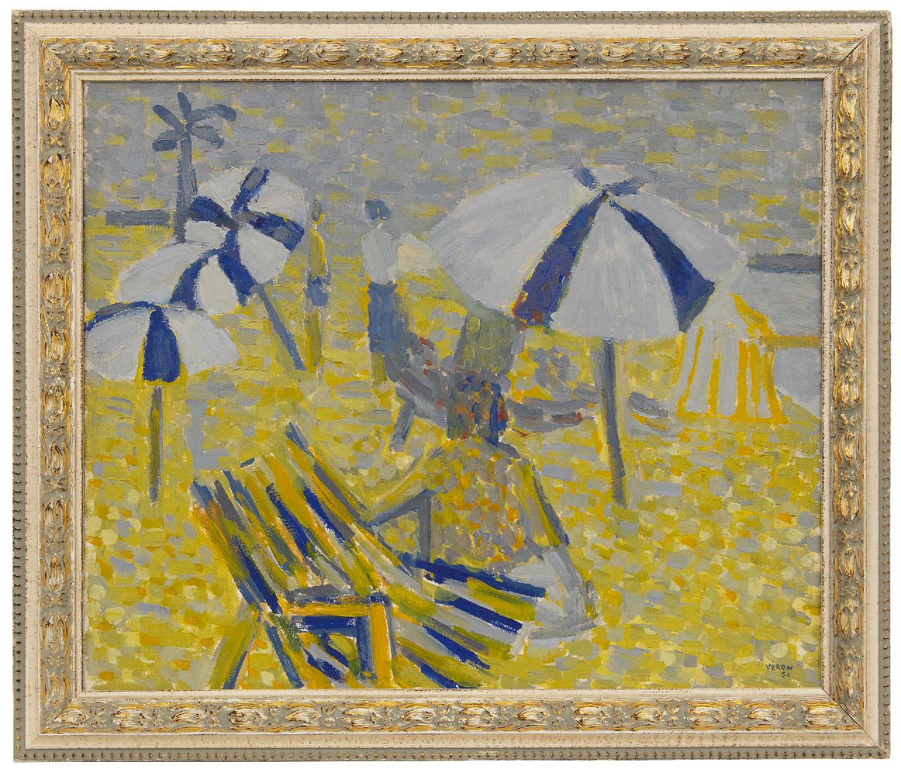 Véron V.  | Véronique Véron | Gemälde zum Verkauf angeboten | Sonnenschirme am Strand, Öl auf Leinwand 54,0 x 65,0 cm, Unterzeichnet r.u. und datiert '51