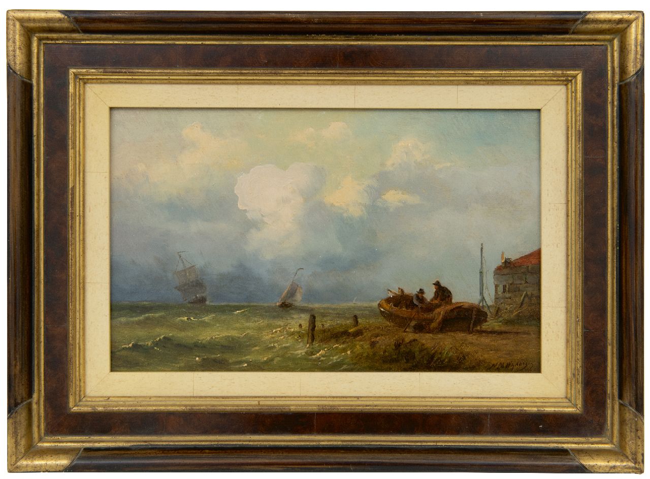 Wijdoogen N.M.  | Nicolaas Martinus Wijdoogen, Fischer am Arbeit entlang einer Küste, Öl auf Holz 17,8 x 28,3 cm, Unterzeichnet r.u.