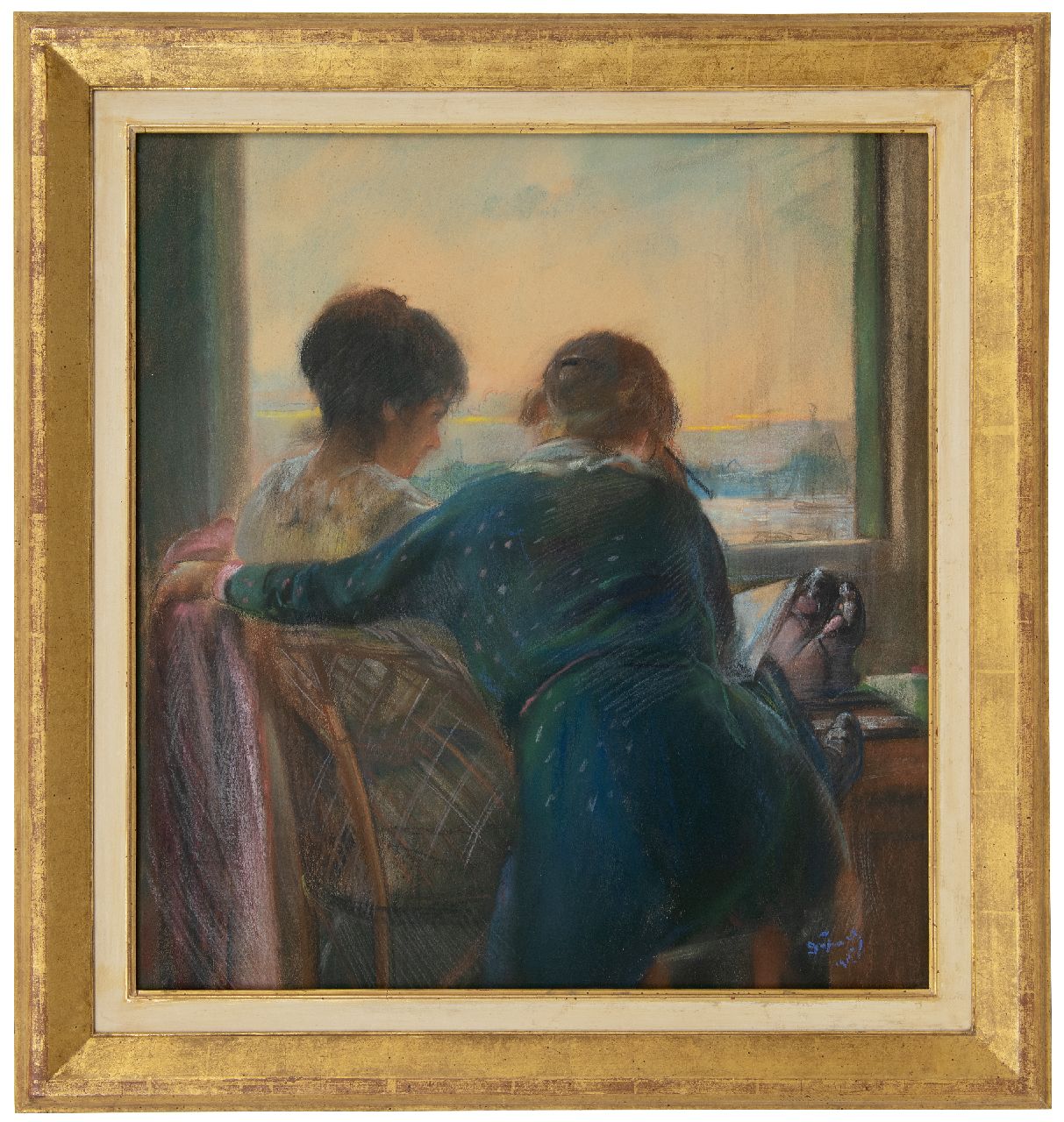 Dijkwel M.  | Mattheus 'Theo' Dijkwel, Zwei Mädchen am Fenster, Pastell auf Papier 55,0 x 50,7 cm, Unterzeichnet u.r. und datiert 1915