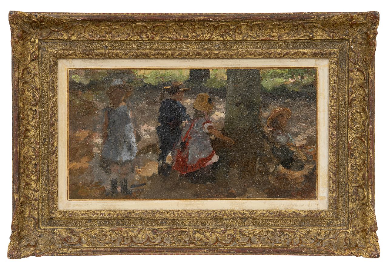 Tholen W.B.  | Willem Bastiaan Tholen, Spielende Kinder in den Scheveningse Bosjes, Den Haag, Öl auf Leinwand auf Holz 23,6 x 43,5 cm, Unterzeichnet u.r.