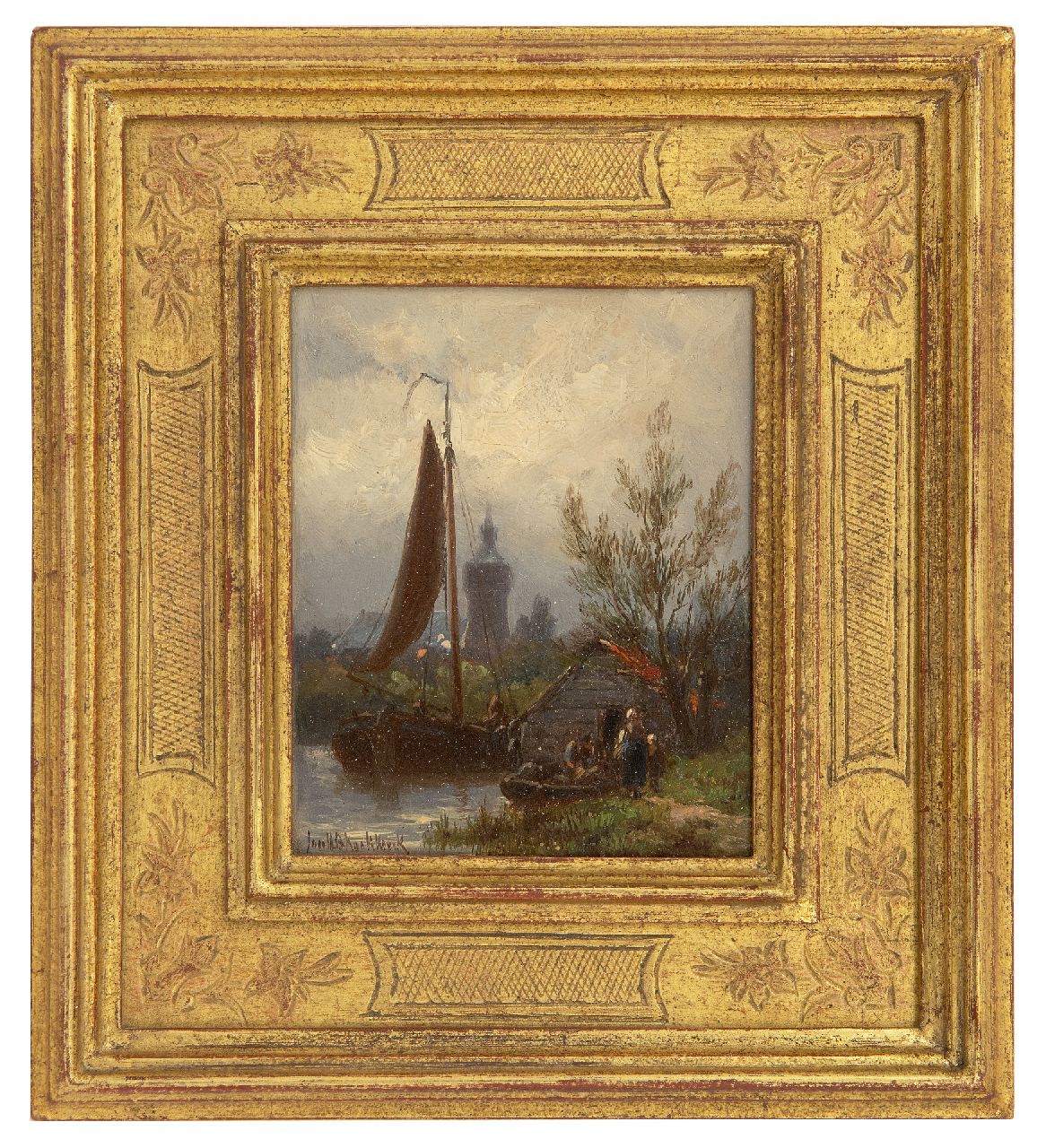 Koekkoek J.H.B.  | Johannes Hermanus Barend 'Jan H.B.' Koekkoek, Ein Kanal mit Schiffe und Figuren, Öl auf Holz 11,4 x 9,3 cm, Unterzeichnet u.l.