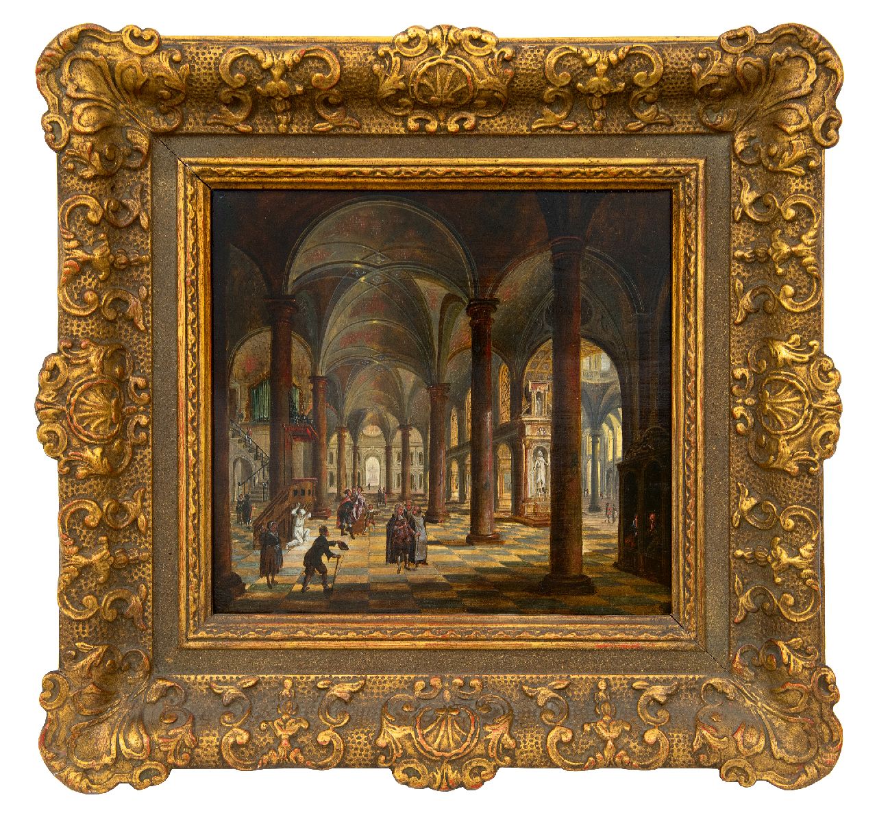 Stöcklin C.  | Christian Stöcklin | Gemälde zum Verkauf angeboten | Kircheninnenraum mit Figuren, Öl auf Holz 27,5 x 30,9 cm, Unterzeichnet m.u.