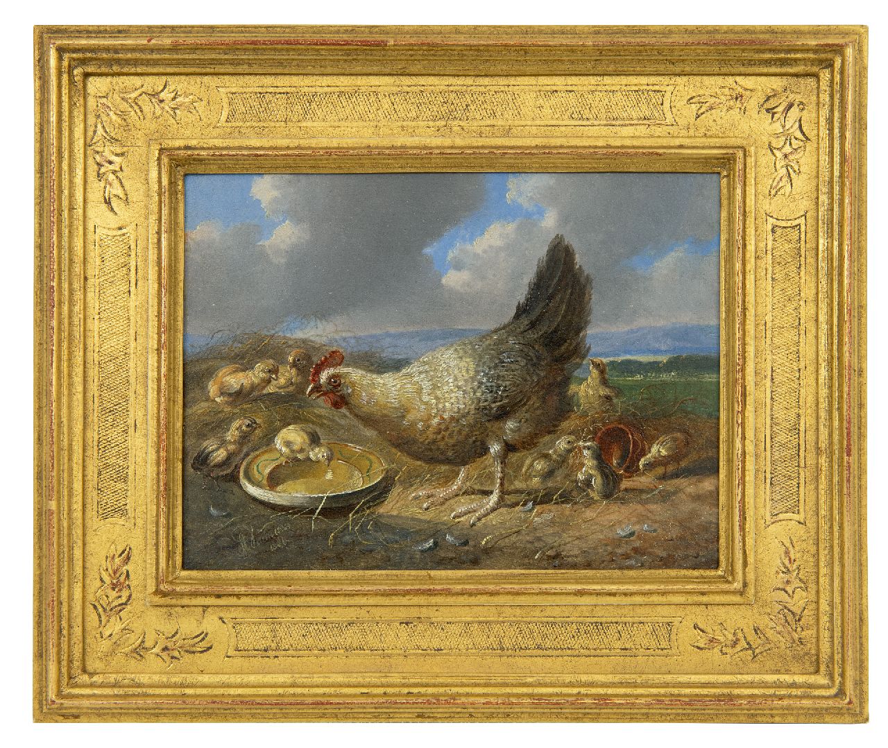 Verhoesen A.  | Albertus Verhoesen | Gemälde zum Verkauf angeboten | Henne mit Küken in einer weiten Landschaft (zusammen mit 21929), Öl auf Holz 14,5 x 19,3 cm, Unterzeichnet u.l. und datiert 1880