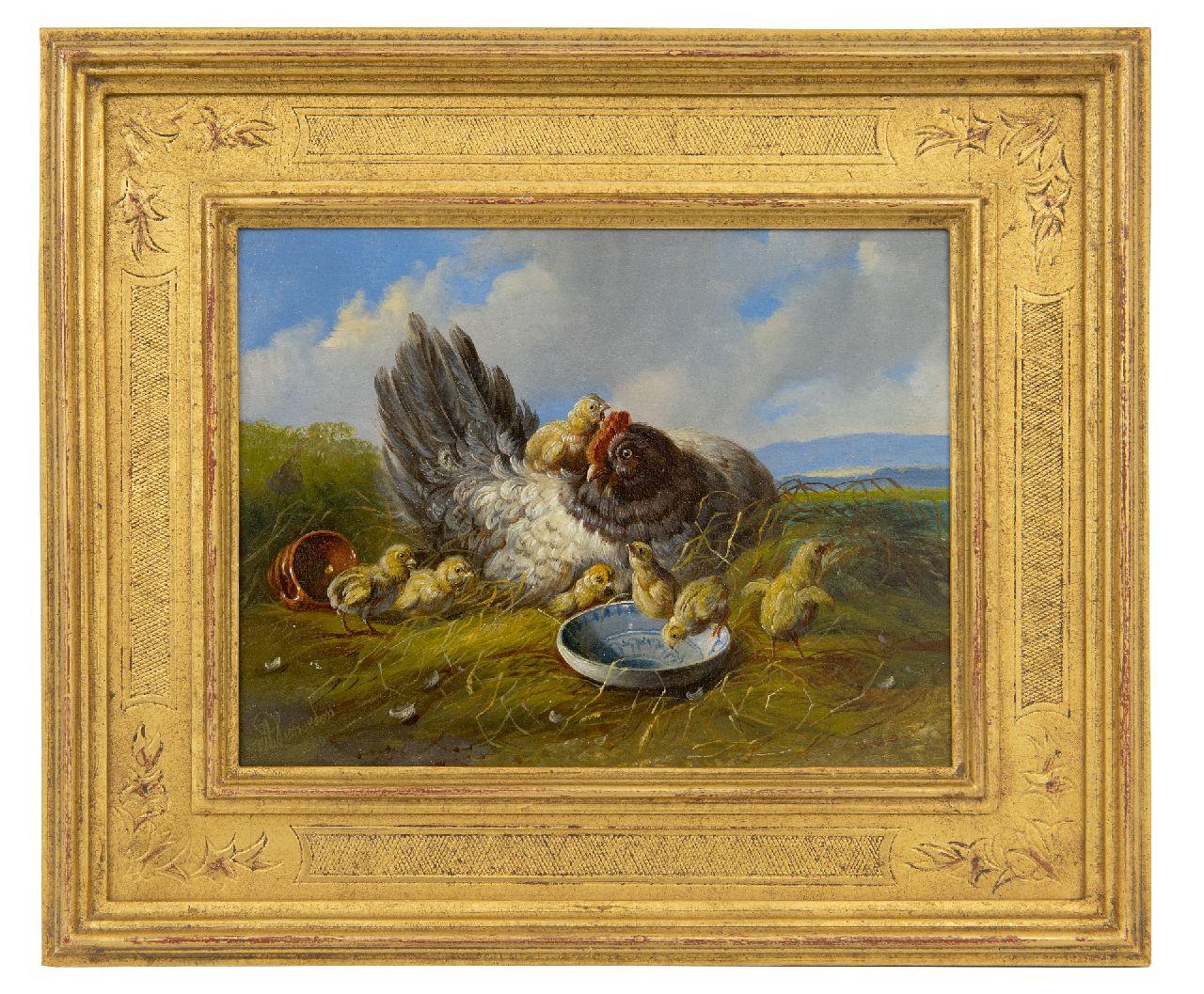 Verhoesen A.  | Albertus Verhoesen | Gemälde zum Verkauf angeboten | Henne mit Küken in einer Landschaft (zusammen mit 21928), Öl auf Holz 14,7 x 19,2 cm, Unterzeichnet u.l. und datiert 1880