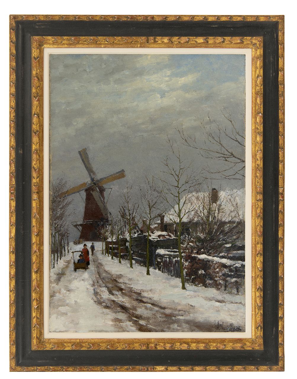 Wijsmuller J.H.  | Jan Hillebrand Wijsmuller | Gemälde zum Verkauf angeboten | Kinder im Schnee bei einer Windmühle, Öl auf Leinwand 57,3 x 41,0 cm, Unterzeichnet u.r.