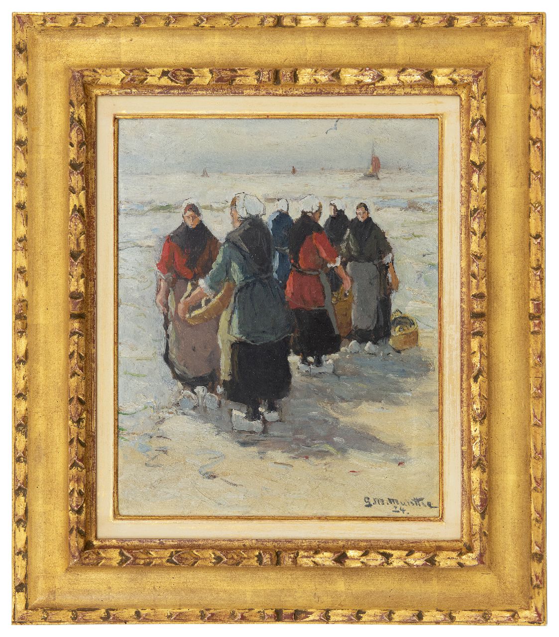 Munthe G.A.L.  | Gerhard Arij Ludwig 'Morgenstjerne' Munthe, Warten auf den Fang am Strand von Katwijk, Öl auf Holzfaser 32,4 x 26,4 cm, Unterzeichnet u.r. und datiert '24