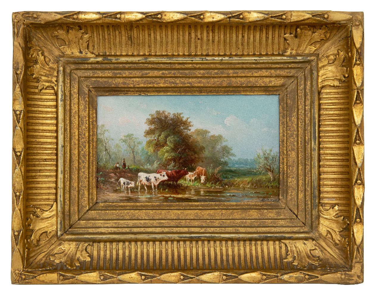 Prooijen A.J. van | Albert Jurardus van Prooijen | Gemälde zum Verkauf angeboten | Landschaft mit Watvieh, Öl auf Holz 8,7 x 15,0 cm, Unterzeichnet u.r.