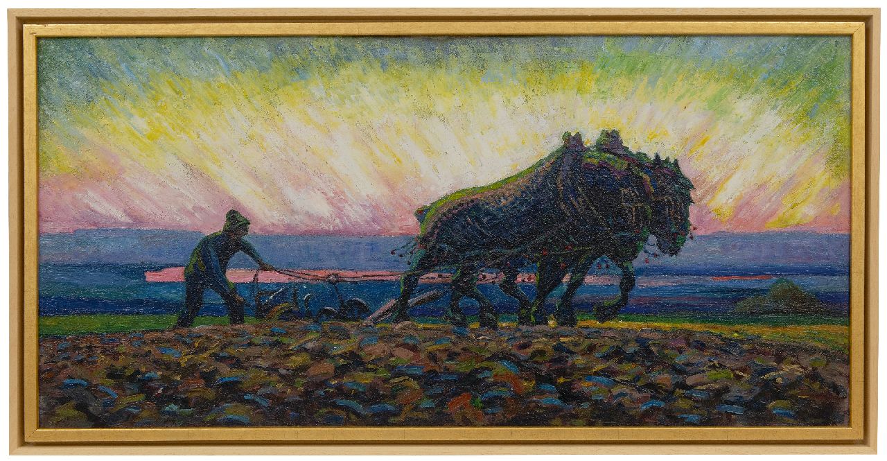 Gouwe A.H.  | Adriaan Herman Gouwe | Gemälde zum Verkauf angeboten | Pflügen von Pferden bei Sonnenaufgang, Öl auf Leinwand 47,9 x 98,9 cm