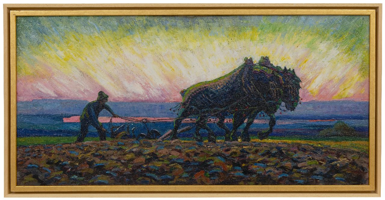 Gouwe A.H.  | Adriaan Herman Gouwe, Pflügen von Pferden bei Sonnenaufgang, Öl auf Leinwand 47,9 x 98,9 cm