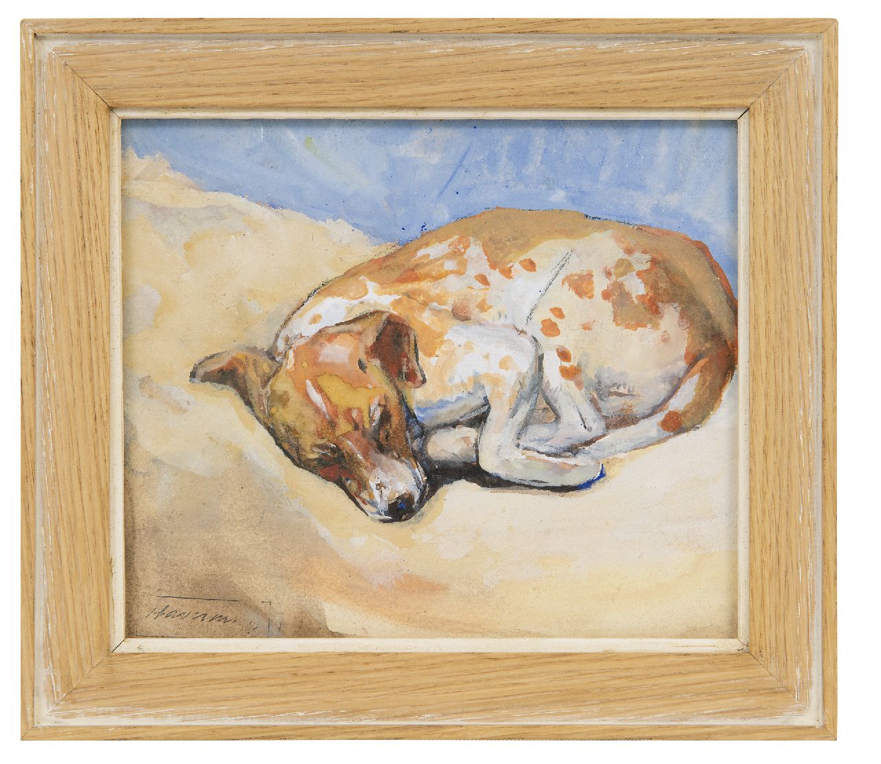 Haverman H.J.  | Hendrik Johannes Haverman | Aquarelle und Zeichnungen zum Verkauf angeboten | Schlafender Hund, Aquarell und Gouache auf Papier 15,7 x 18,4 cm, Unterzeichnet u.l. mit Studiostempel