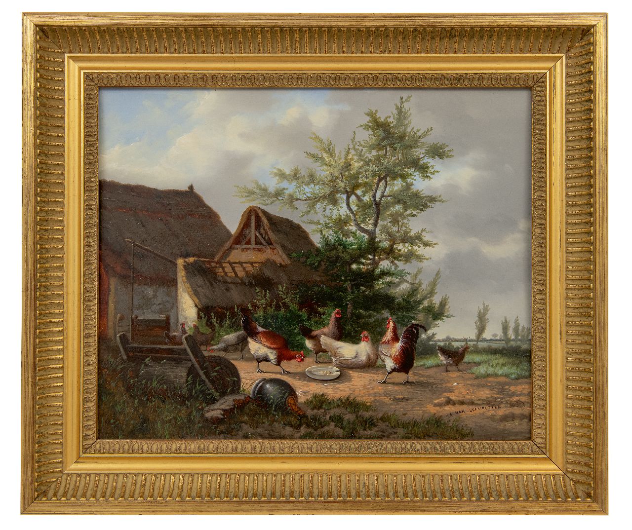 Leemputten J.L. van | Jean-Baptiste Leopold van Leemputten | Gemälde zum Verkauf angeboten | Scheunenhof mit Hahn und Hühnern, Öl auf Holz 28,1 x 33,7 cm, Unterzeichnet u.r. und datiert 1863