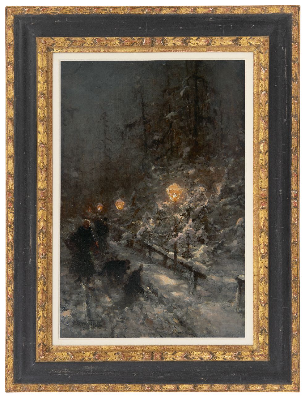 Munthe L.  | Ludwig Munthe, Abendlicher Winterweg mit Figuren im Lampenlicht, Öl auf Holz 40,9 x 27,7 cm, Unterzeichnet u.l.