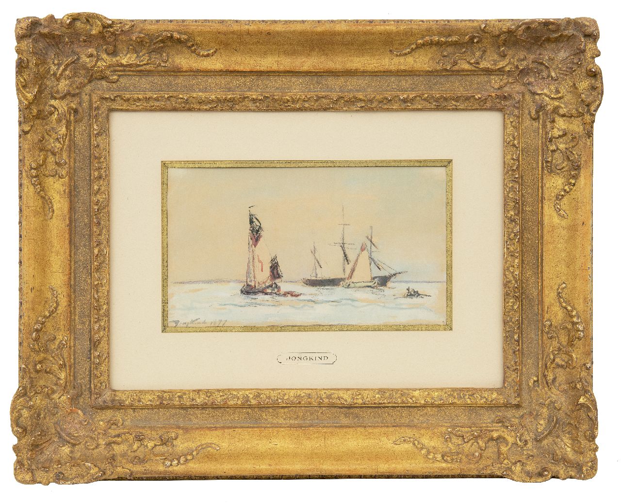 Jongkind J.B.  | Johan Barthold Jongkind, Segelschiffe auf  den Fluss, crayon and watercolour on paper 15,0 x 26,0 cm, Unterzeichnet u.l. und datiert 1877