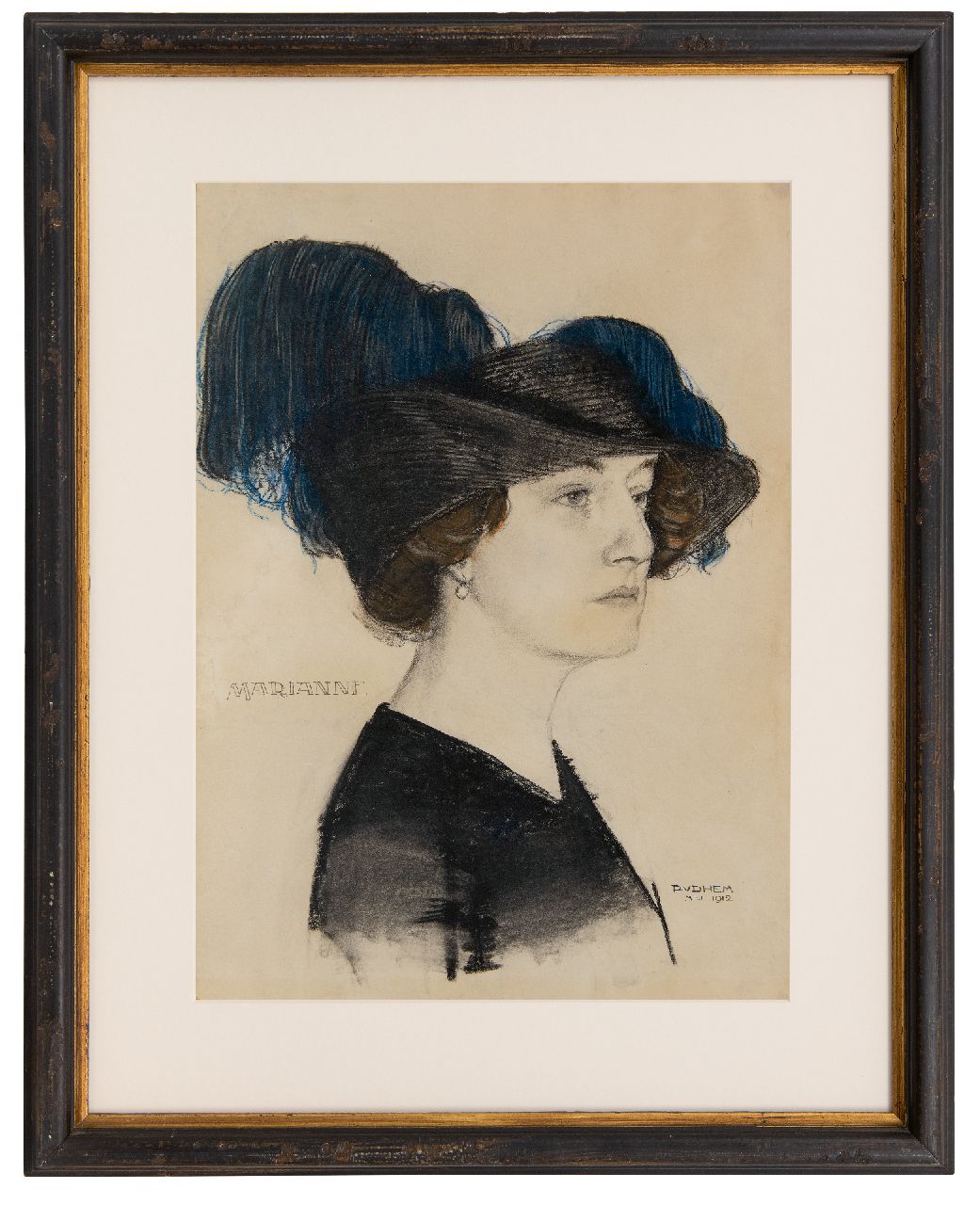 Hem P. van der | Pieter 'Piet' van der Hem, Marianne mit modischem Hut, Kreide auf Papier 54,0 x 39,3 cm, Unterzeichnet u.r. und datiert 'Mei' 1912