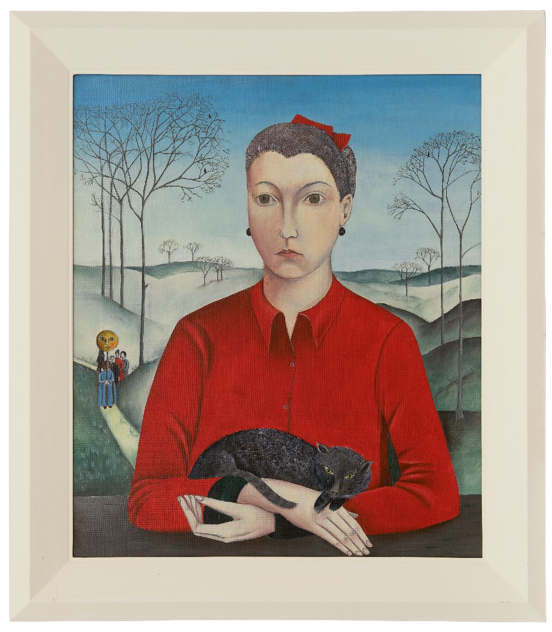 Matthäus D.  | Dieter Matthäus, Frau in roter Bluse mit Katze, Öl auf Leinwand 65,2 x 55,3 cm, Unterzeichnet im Verso und datiert im Verso 9 november 1964