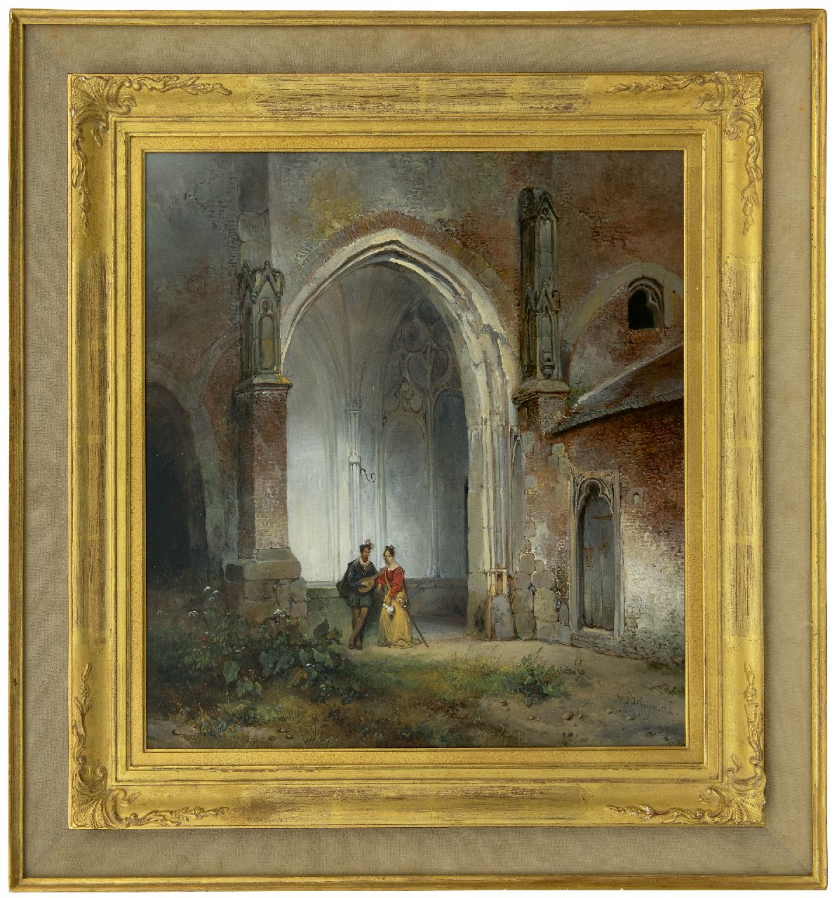 Nuijen W.J.J.  | Wijnandus Johannes Josephus 'Wijnand' Nuijen | Gemälde zum Verkauf angeboten | Ein Mann und eine Frau im Kreuzgang der Dom Kathedrale in Utrecht, Öl auf Holz 49,0 x 44,8 cm, Unterzeichnet u.r. und datiert 1832