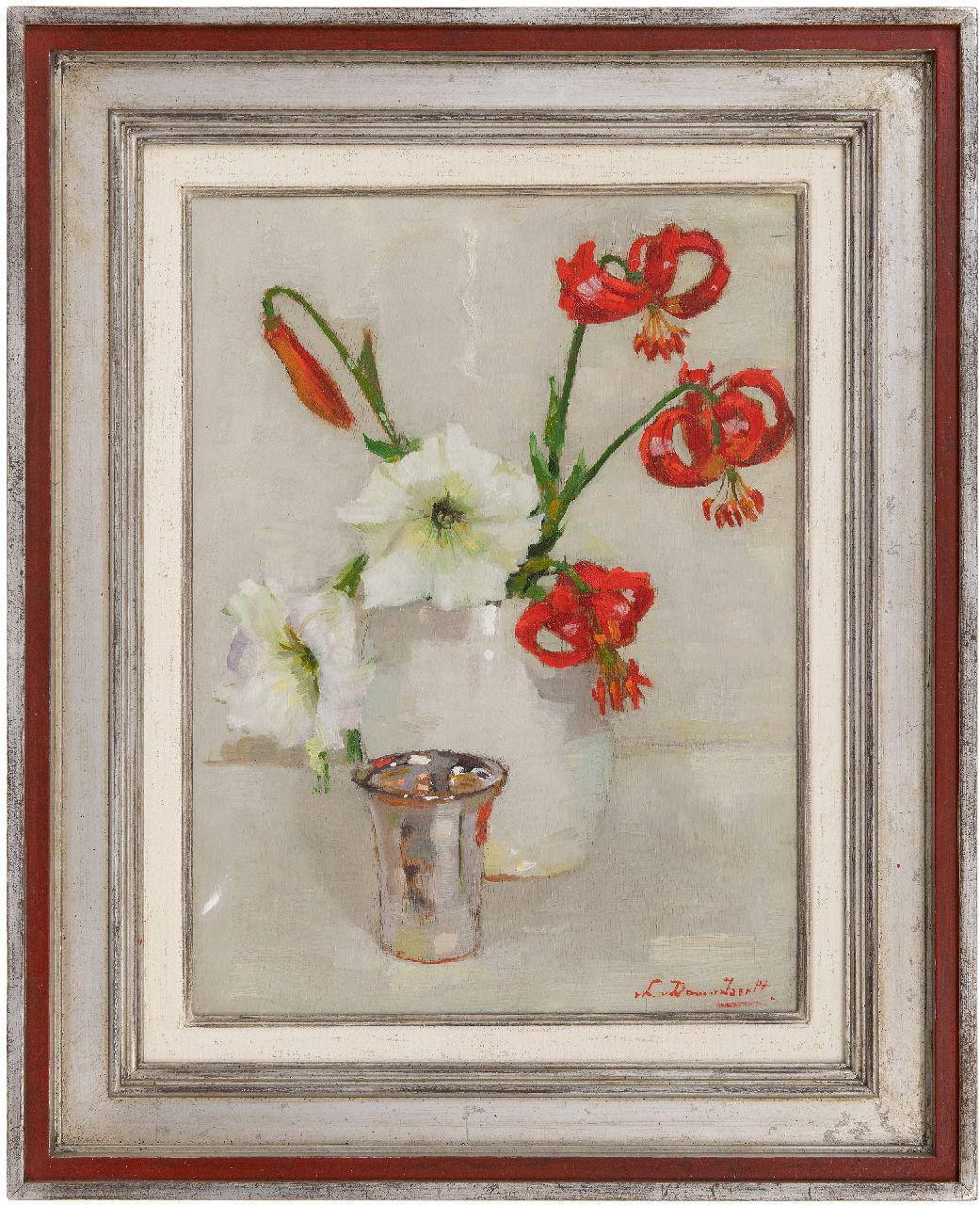 Dam van Isselt L. van | Lucie van Dam van Isselt, Rote Lilien, Öl auf Holz 40,2 x 30,1 cm, Unterzeichnet u.r. und zu datieren um 1930