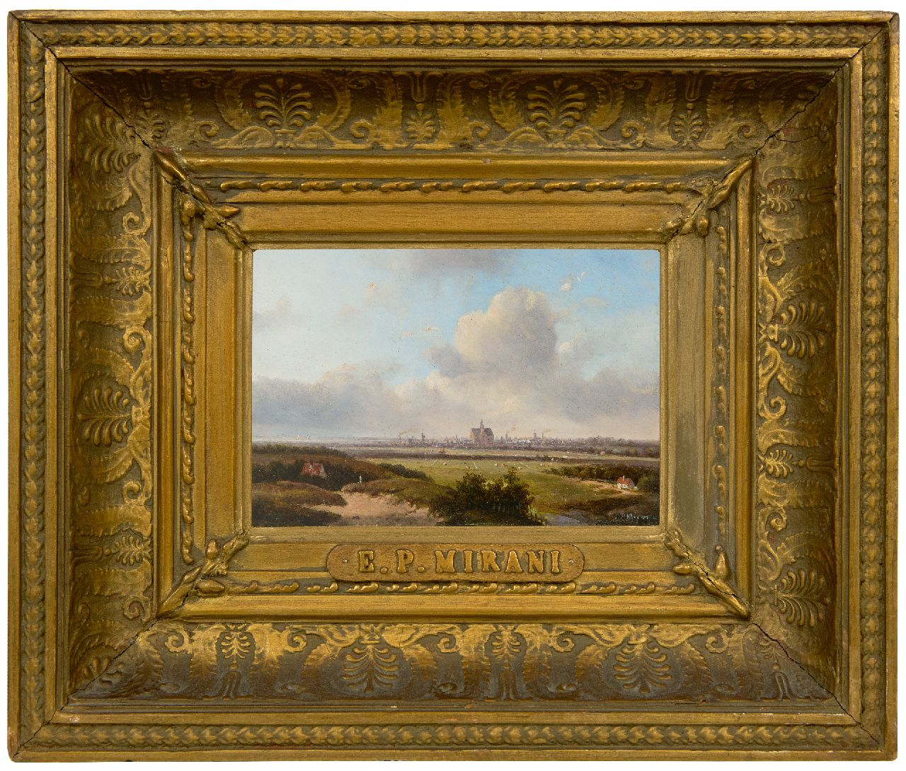 Mirani E.B.G.P.  | 'Everardus' Benedictus Gregorius Pagano Mirani | Gemälde zum Verkauf angeboten | Panorama Landschaft mit Haarlem und dem Haarlemmermeer in der Ferne, Öl auf Holz 13,0 x 18,0 cm, Unterzeichnet u.r.