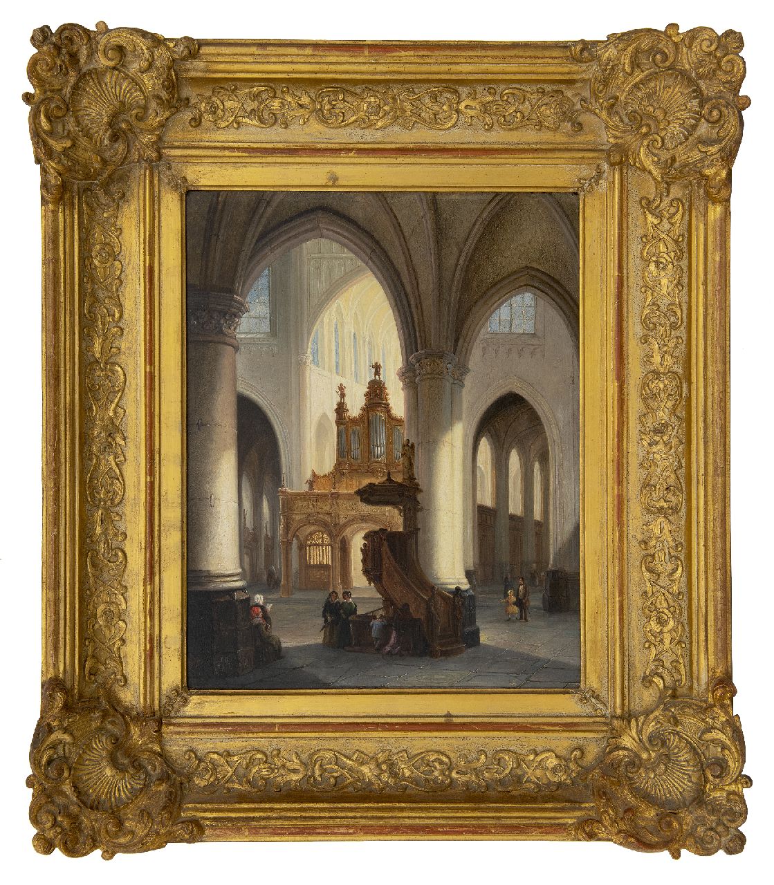 Tetar van Elven J.B.  | Jan 'Johannes' Baptist Tetar van Elven | Gemälde zum Verkauf angeboten | Kircheninterieur mit Figuren, Öl auf Holz 36,8 x 29,7 cm, Unterzeichnet u.l. mit Initialen und rückseitig vollständig