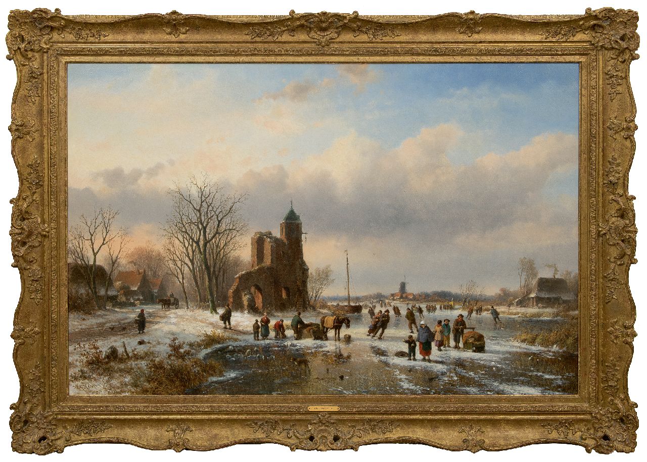 Vester W.  | Willem Vester, Skater auf dem Eis bei einer Burgruïne    [x]  Vertaling  Figuren auf dem Eis bei einer Burgruine, Öl auf Leinwand 82,1 x 124,8 cm, Unterzeichnet l.u.