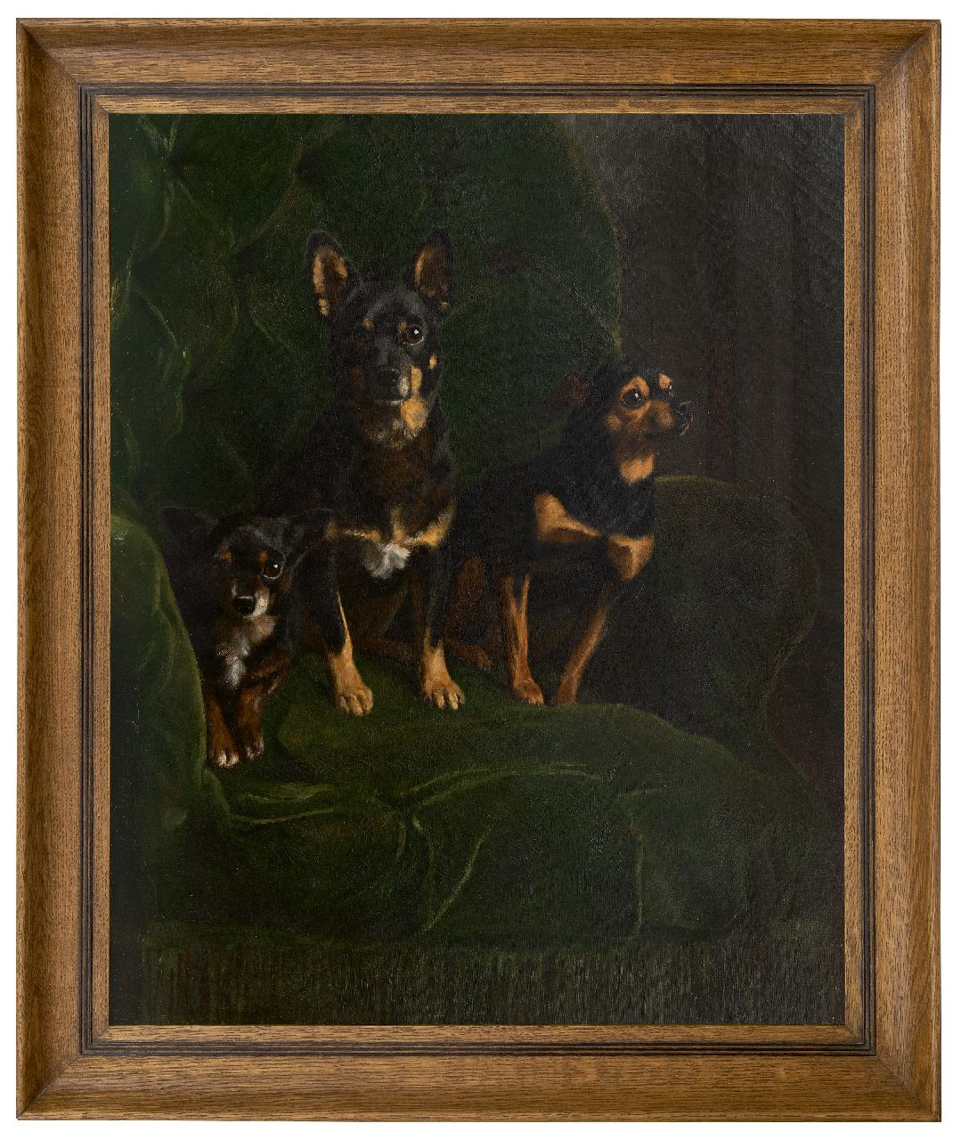 Gras A.J. Le | 'August' Johannes Le Gras | Gemälde zum Verkauf angeboten | Drei Zwergpinscher auf einem grüne Stuhl, Öl auf Leinwand 81,2 x 65,5 cm, Unterzeichnet M.r. und datiert 1888