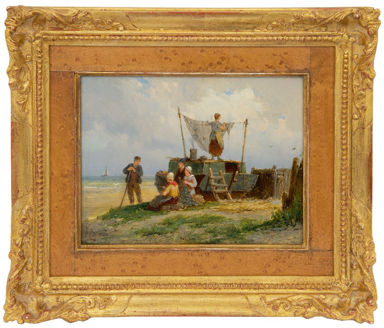 Dommershuijzen P.C.  | Pieter Cornelis Dommershuijzen, Trocknen der Fischernetze, Öl auf Holz 15,0 x 20,2 cm, Unterzeichnet l.u. mit Initialen und datiert 1886