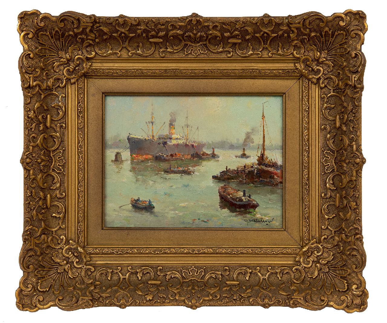 Delfgaauw G.J.  | Gerardus Johannes 'Gerard' Delfgaauw, Schiffsverkehr bei Rotterdam, Öl auf Leinwand 18,8 x 24,7 cm, Unterzeichnet u.r.