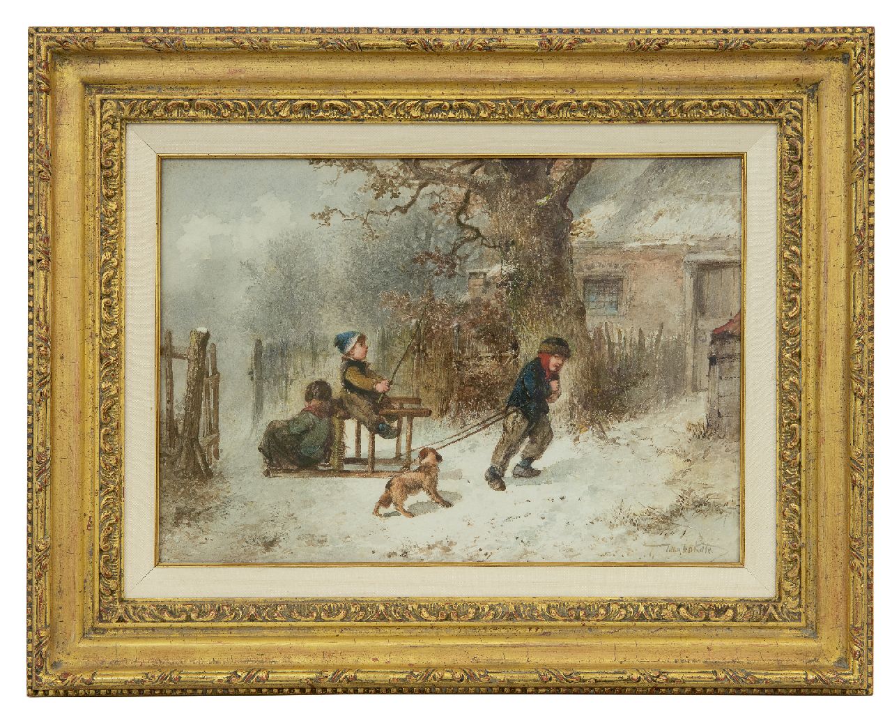 Kate J.M.H. ten | Johan 'Mari' Henri ten Kate, Pferd und Kutsche spielen im Schnee, Aquarell auf Papier 25,1 x 35,6 cm, Unterzeichnet u.r.