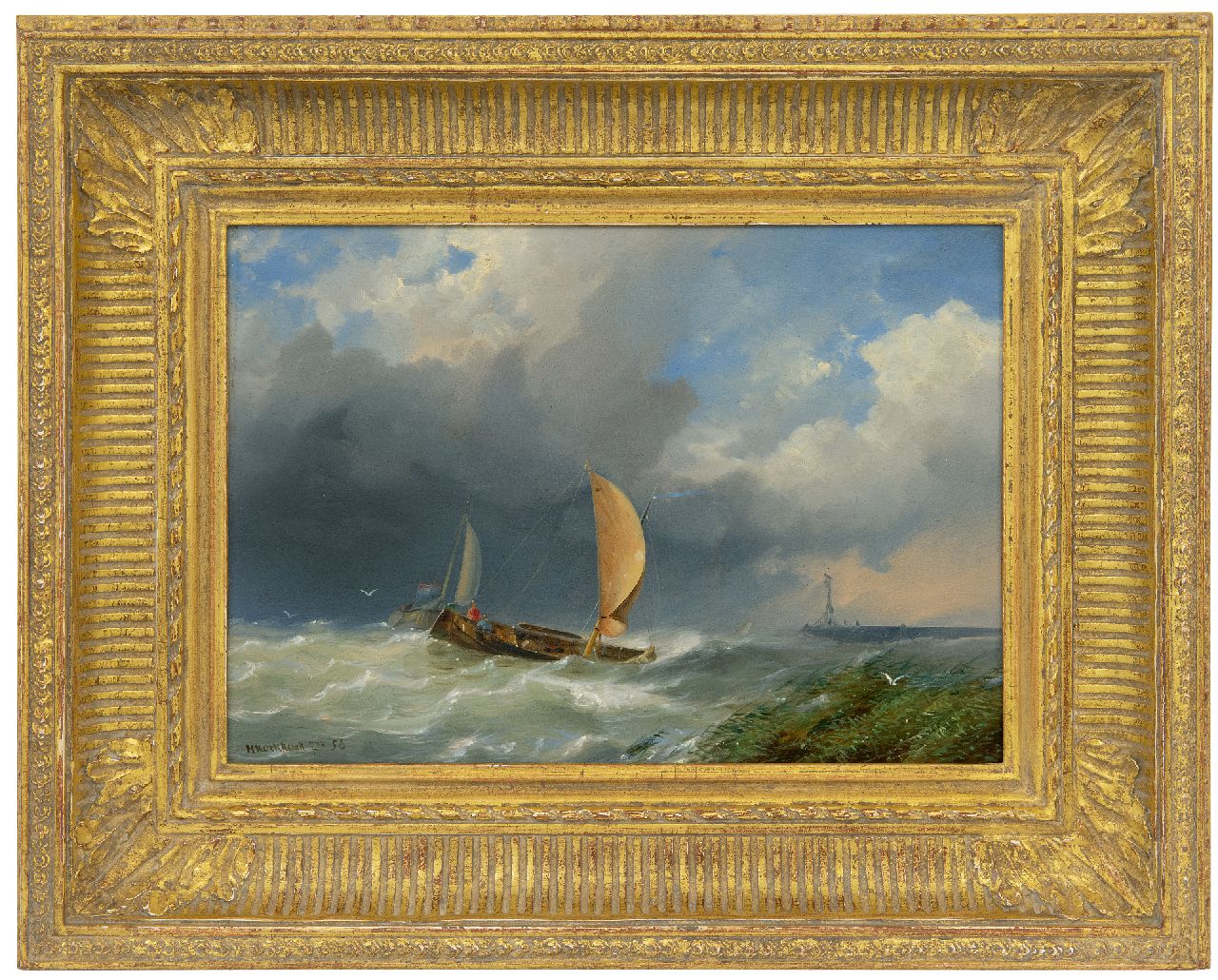 Koekkoek jr. H.  | Hermanus Koekkoek jr., Schiffe im Sturm an einer Hafeneinfahrt, Öl auf Holz 21,1 x 30,3 cm, Unterzeichnet u.l. und datiert '56