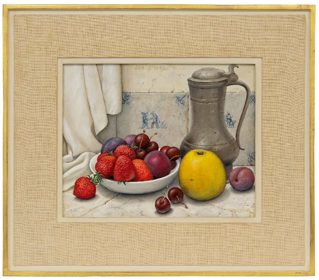 Strube J.H.  | Johan Hendrik 'Jan' Strube | Gemälde zum Verkauf angeboten | Stilleben mit Blechkrug und Obst, Öl auf Leinwand 24,2 x 30,4 cm, Unterzeichnet o.m. und datiert '61