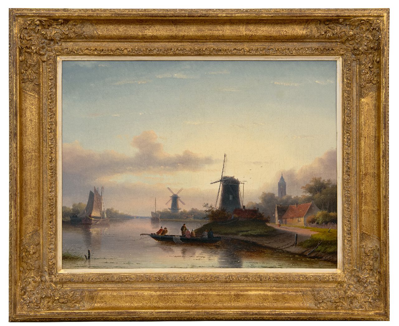 Spohler J.J.C.  | Jacob Jan Coenraad Spohler | Gemälde zum Verkauf angeboten | Flusslandschaft im Sommer mit Fähre, Öl auf Leinwand 43,8 x 58,0 cm, Unterzeichnet u.r. und datiert 1857