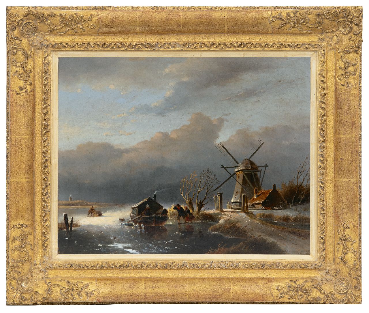 Parré M.  | Matthias Parré | Gemälde zum Verkauf angeboten | Winterlandschaft mit figuren und festgefrorenem Schiff, Öl auf Holz 35,4 x 44,9 cm