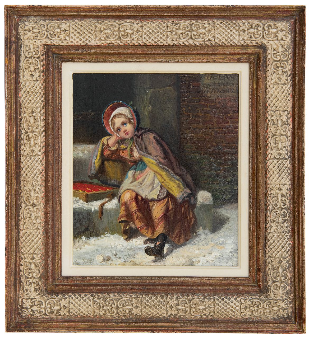 Fabius J.  | Jan Fabius, Mädchen, Streichhölzer verkaufend im Schnee, Öl auf Holz 21,7 x 18,9 cm, Unterzeichnet o.r.
