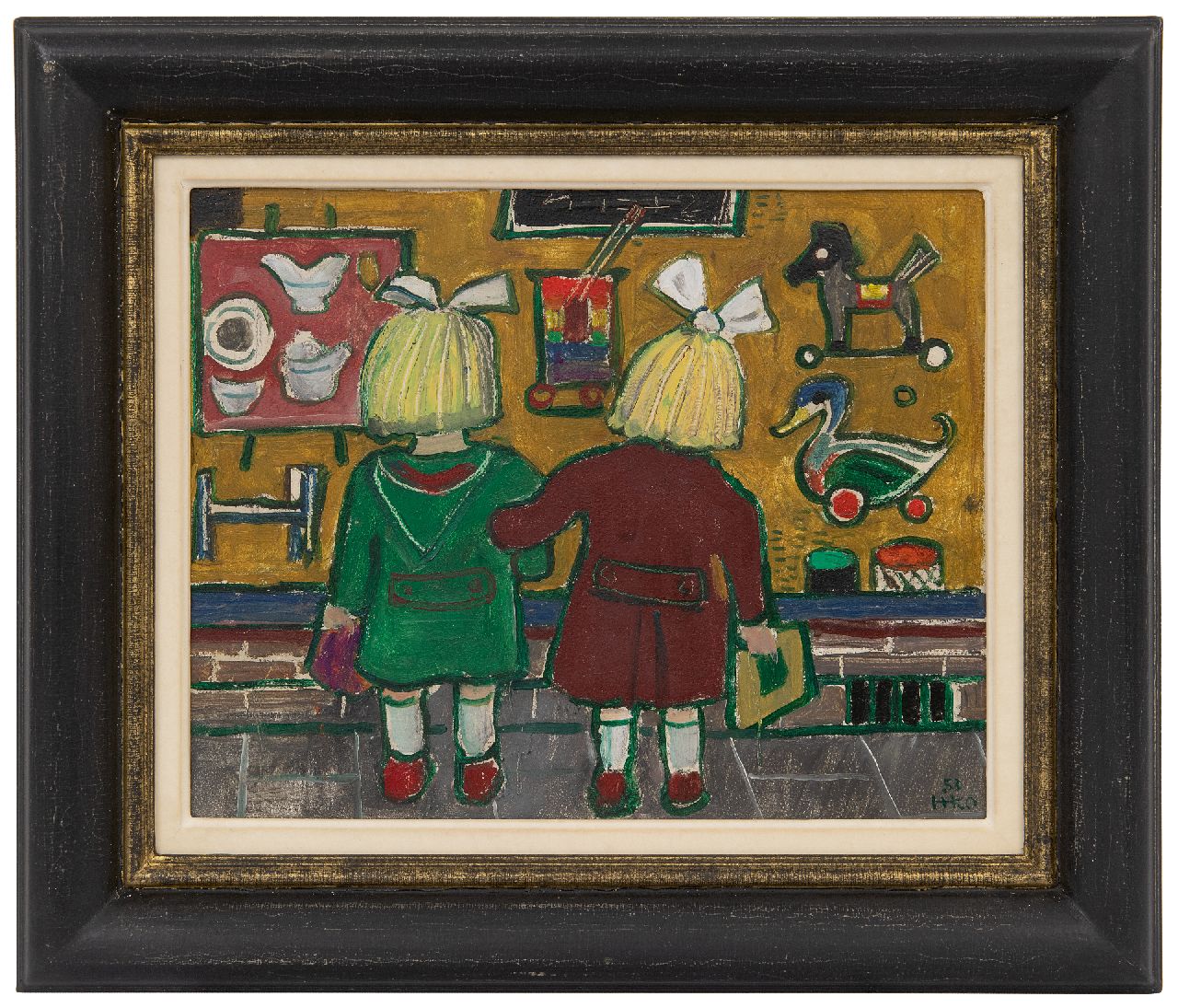 Kamerlingh Onnes H.H.  | 'Harm' Henrick Kamerlingh Onnes, Kinder vor einem Spielzeugschaufenster, Öl auf Holzfaser 23,7 x 29,7 cm, Unterzeichnet u.r. mit Monogramm und datiert '53