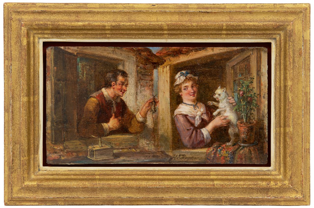 Reijntjens H.E.  | Henricus Engelbertus Reijntjens, Das Katz und Mausspiel, Öl auf Holz 15,0 x 28,1 cm, Unterzeichnet M.u.