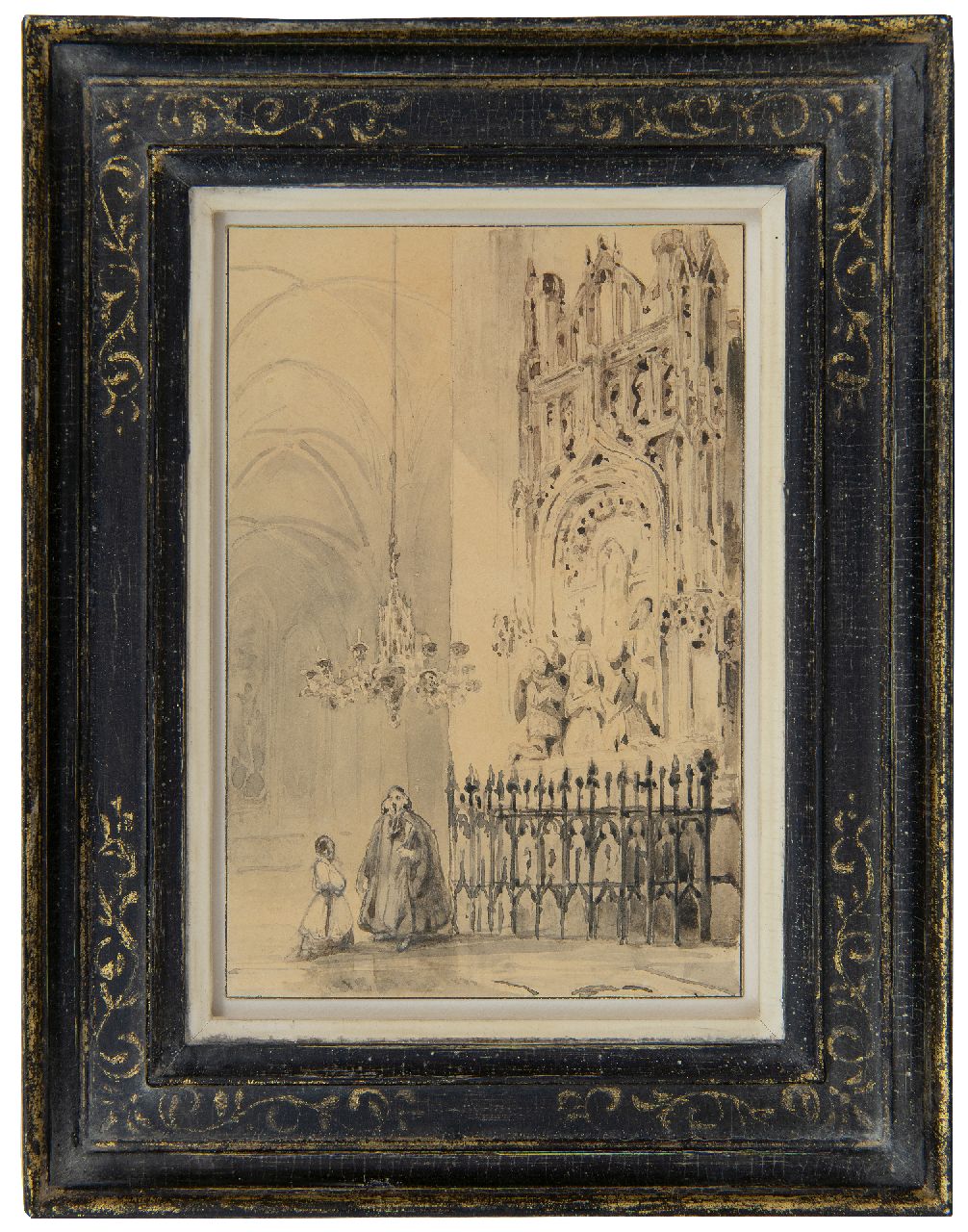 Bosboom J.  | Johannes Bosboom, Innenraum der Grote Kerk in Breda mit dem grabdenkmal von Engelbert I von Nassau, Feder, Pinsel und Tinte auf Papier 15,8 x 10,6 cm, Unterzeichnet u.m.